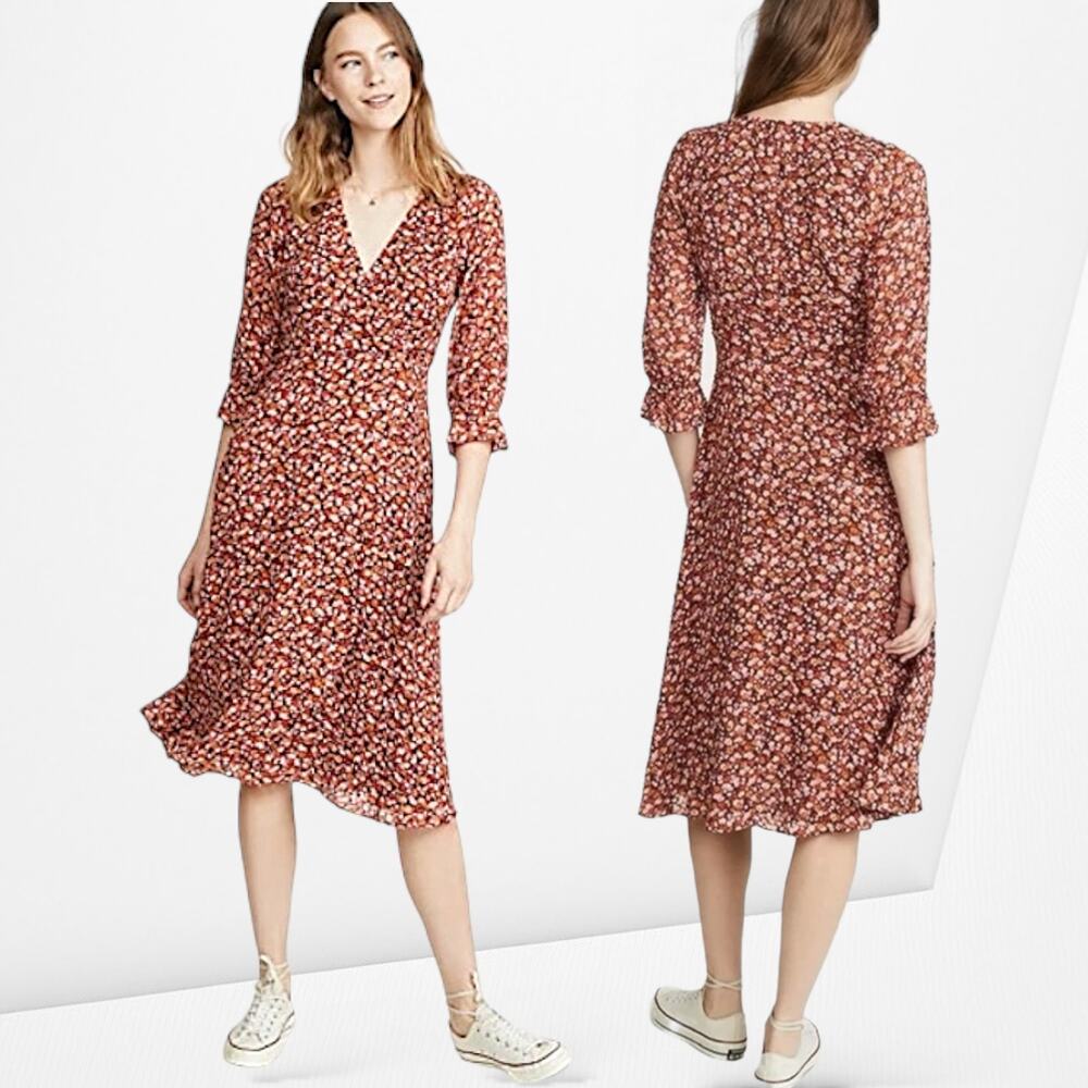 MADEWELL Floral Clipdot Faux Wrap Midi Dress Spring Prairie Cottagecore 6 Red